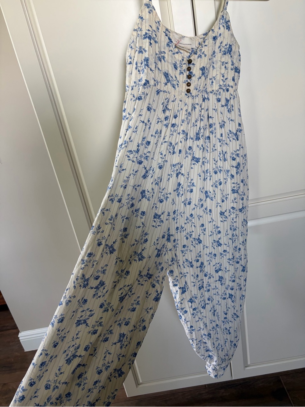 Anthropologie Vega Jumpsuit White with Blue Floral Pattern and Button Detailing